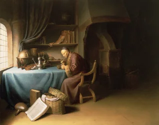 An Old Man Lighting his Pipe in a Study